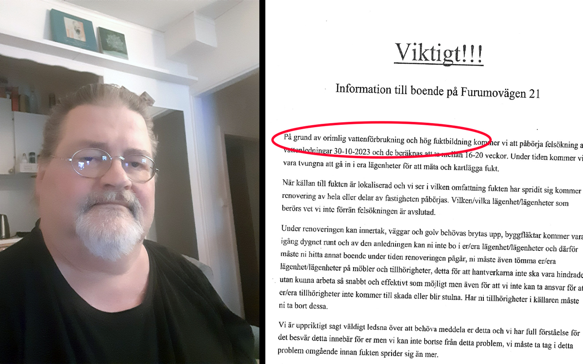 Hyresgästen Peter till vänster. Till höger det brev som gick ut till alla hyresgäster från hyresvärden.