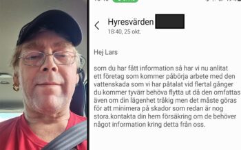 Hyresgästen Lars till höger. Till vänster en bild på meddelandet där Lars får besked om att han måste flytta av hyresvärden.