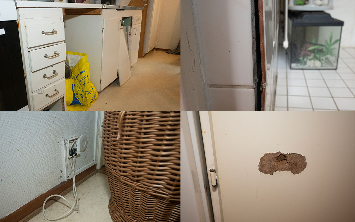 En fyrdelad bild som visar lösa köksluckor, kakel som är på väg att släppa från väggen, en kabelinstallation som saknar skyddskåpa och ett hål i en dörr.