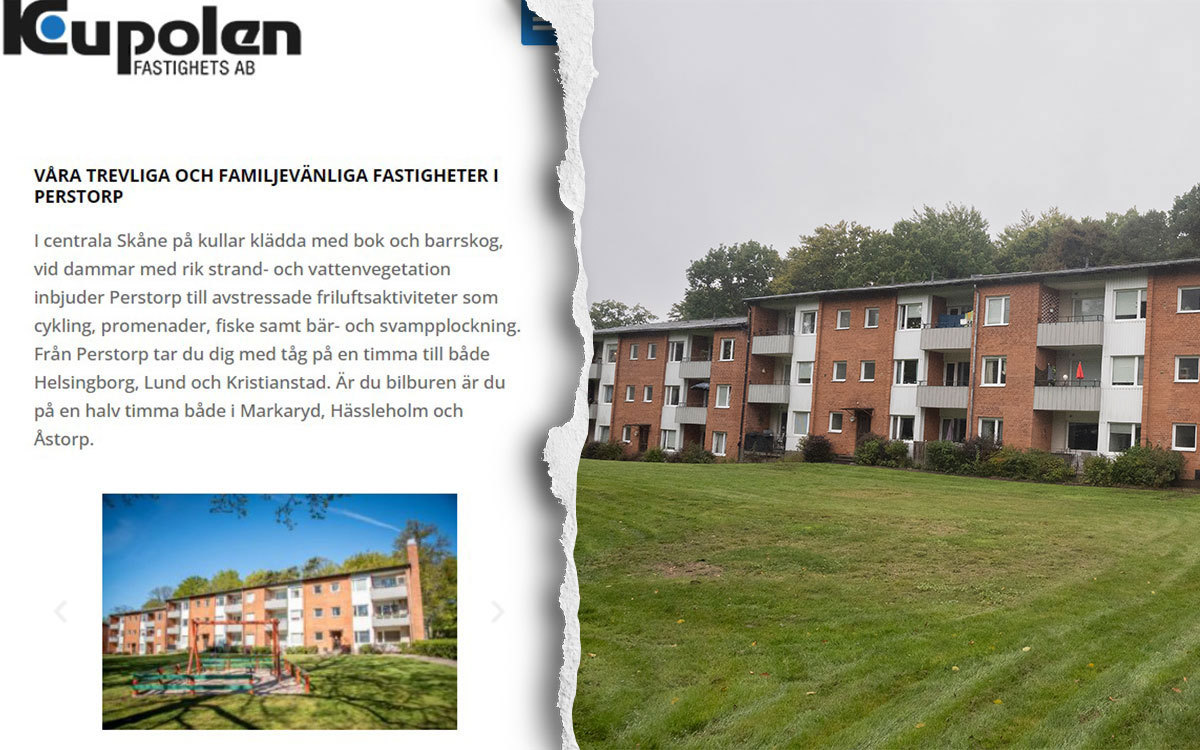 En tvådelad bild. Den ena sidan visar ett faksimil från hemsidan och en bild på en lekplats framför ett hus. Den andra sidan visar samma plats, men utan lekplats.