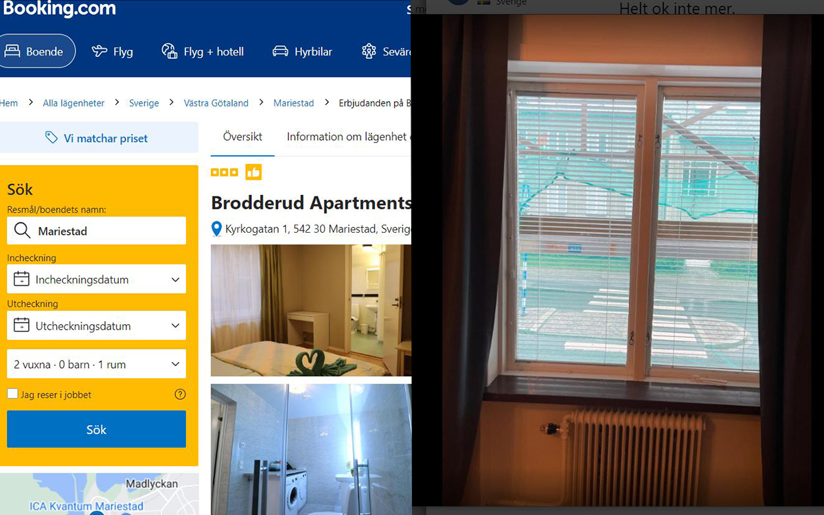 Brodderud Apartments annonserar ut hotellägenheter via nätsajten Booking.com. I en recension finns en bild tagen från en av lägenheterna med förhandlingsordning på Hamngatan.