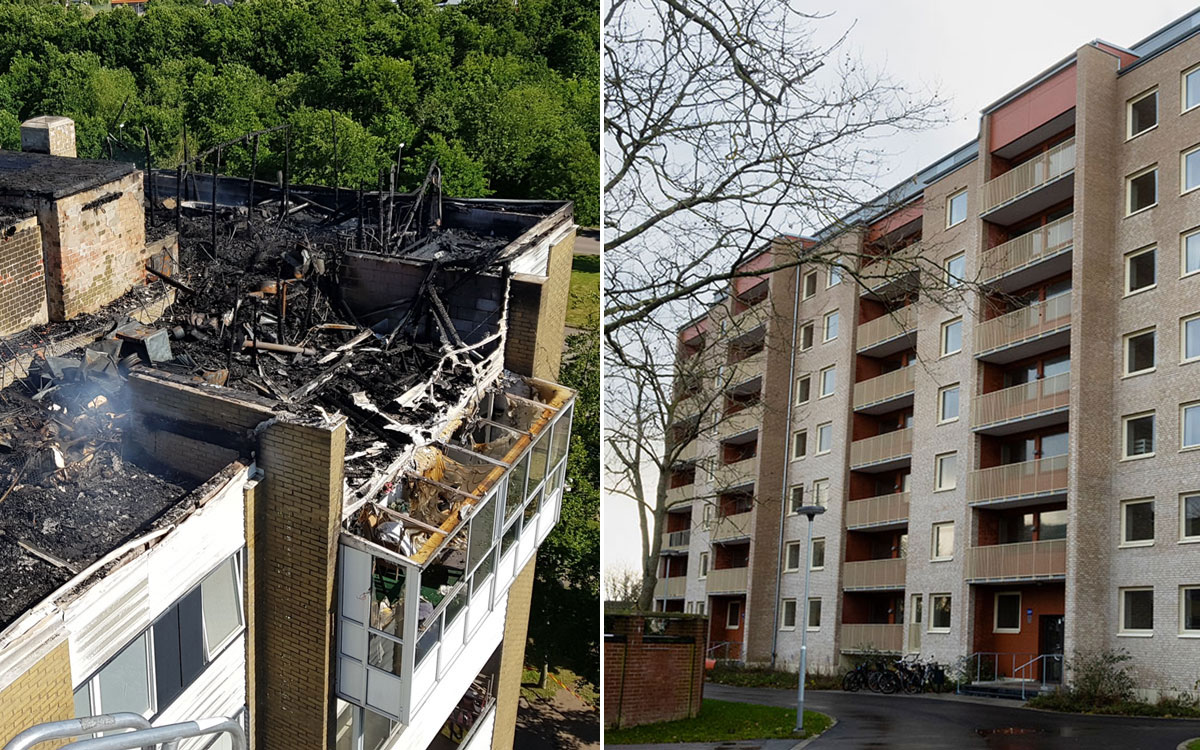 En tvådelad bild som föreställer samma sjuvåningshus, först eldhärjat och sedan totalrenoverat.