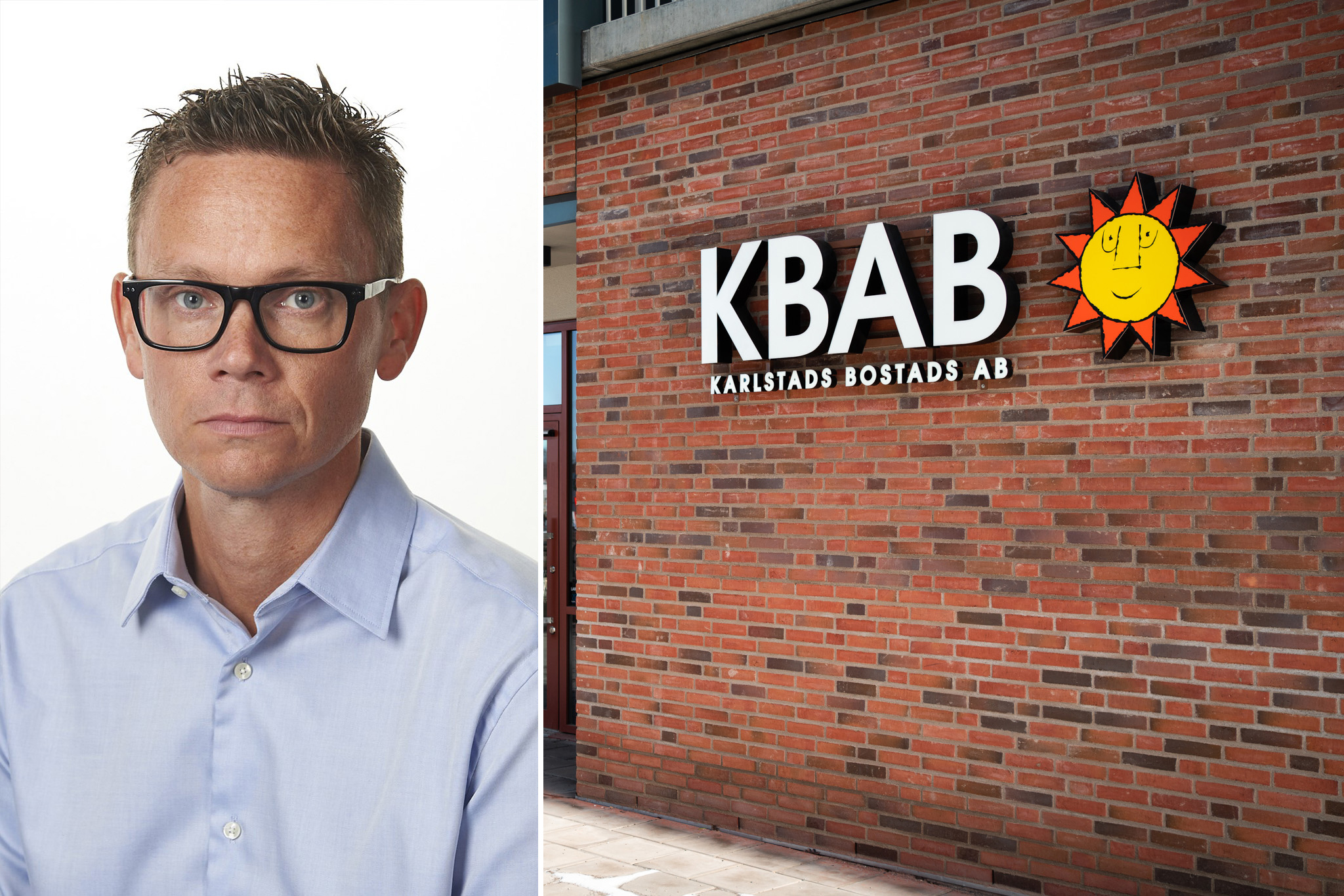 Niklas Karlsson i ljusblå skjorta och glasögon som förhandlar höjningen av hyror för värden KBAB. En på en husfasad med KBAB:s logga med en glad sol.