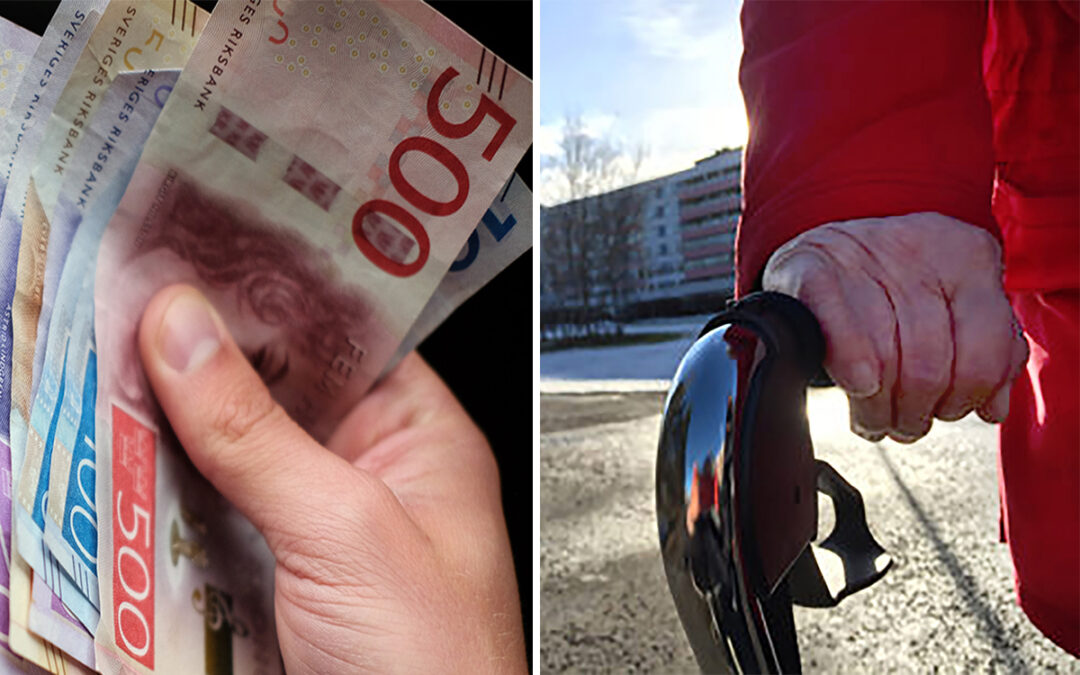 Till vänster: En hand som håller svenska sedlar. Till höger en kvinna i röd jacka som håller handtaget på en rollator.