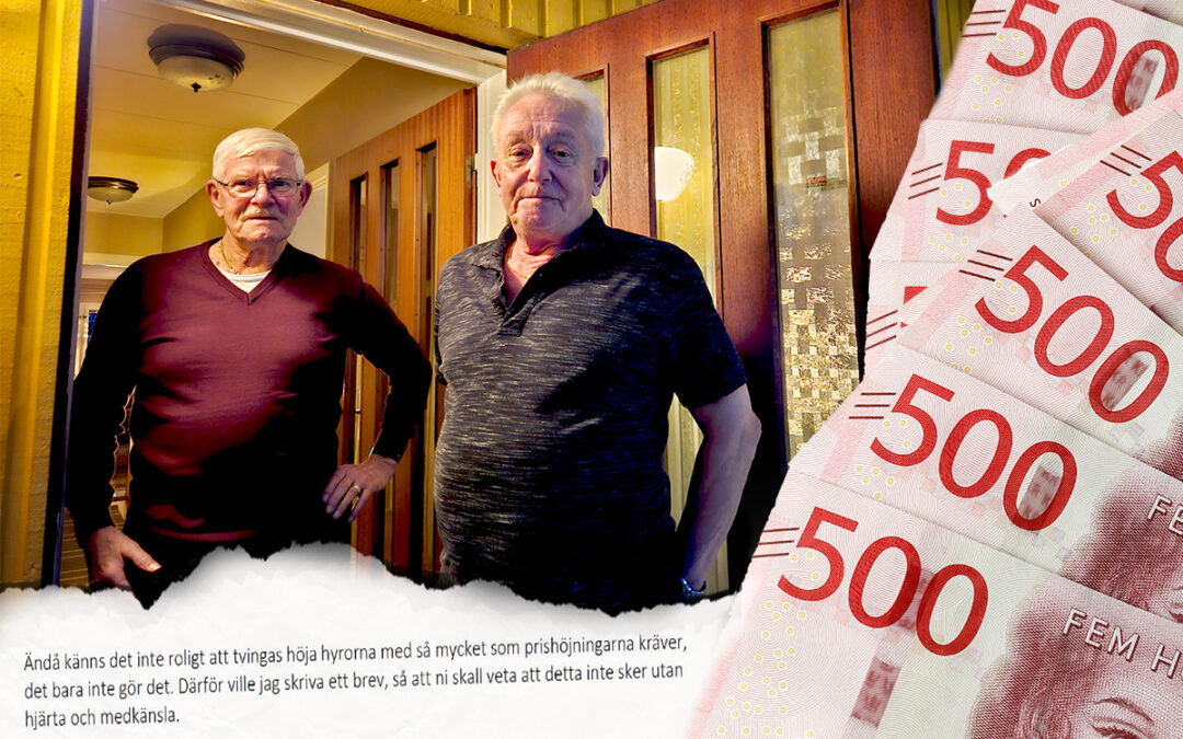 Två män står i en ytterdörr. I nederkant ett brev och till höger svenska femhundralappar.