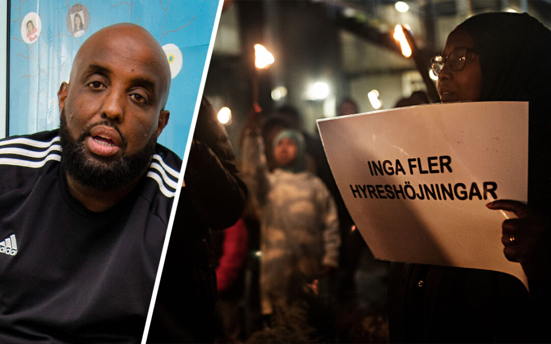 Mohamed Rage hör till de hyresgäster vars badrumsrenovering nu blir lite mindre dyr. Hyresgästerna på Siriusgatan har länge protesterat mot de kraftiga hyreshöjningar som följer när hyresvärden Familjebostäder rustar upp deras hus. Bild från ett fackeltåg i området i november förra året.