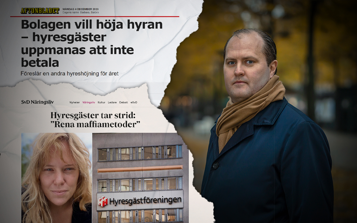 Erik Elmgren, förbundschef på Hyresgästföreningen samt tidningsrubriker från Svenska Dagbladet och Aftonbladet.