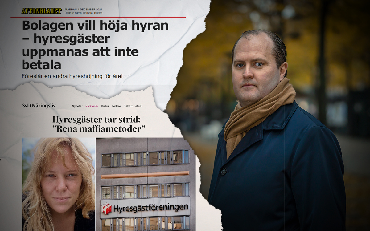 Erik Elmgren, förbundschef på Hyresgästföreningen samt tidningsrubriker från Svenska Dagbladet och Aftonbladet. 