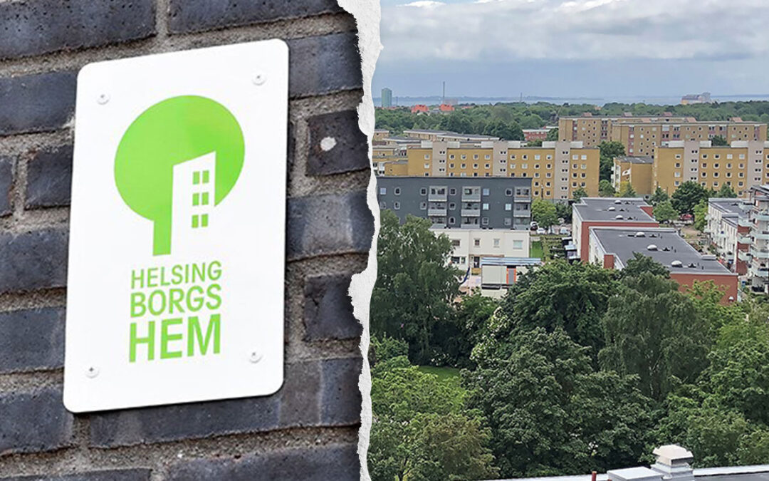 En delad bild med en bild över ett bostadsområde och en skylt med texten Helsingborgshem på en tegelfasad.