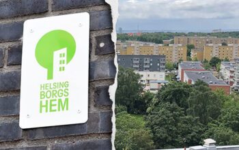 En delad bild med en bild över ett bostadsområde och en skylt med texten Helsingborgshem på en tegelfasad.