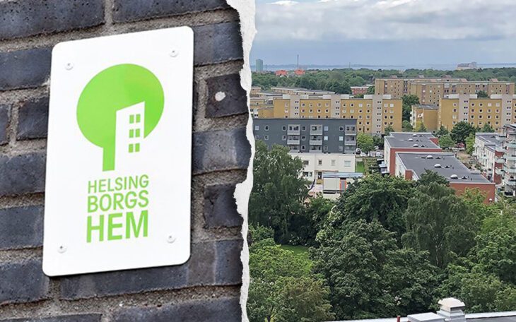 En delad bild med en bild över ett bostadsområde och en skylt med texten Helsingborgshem på en tegelfasad.