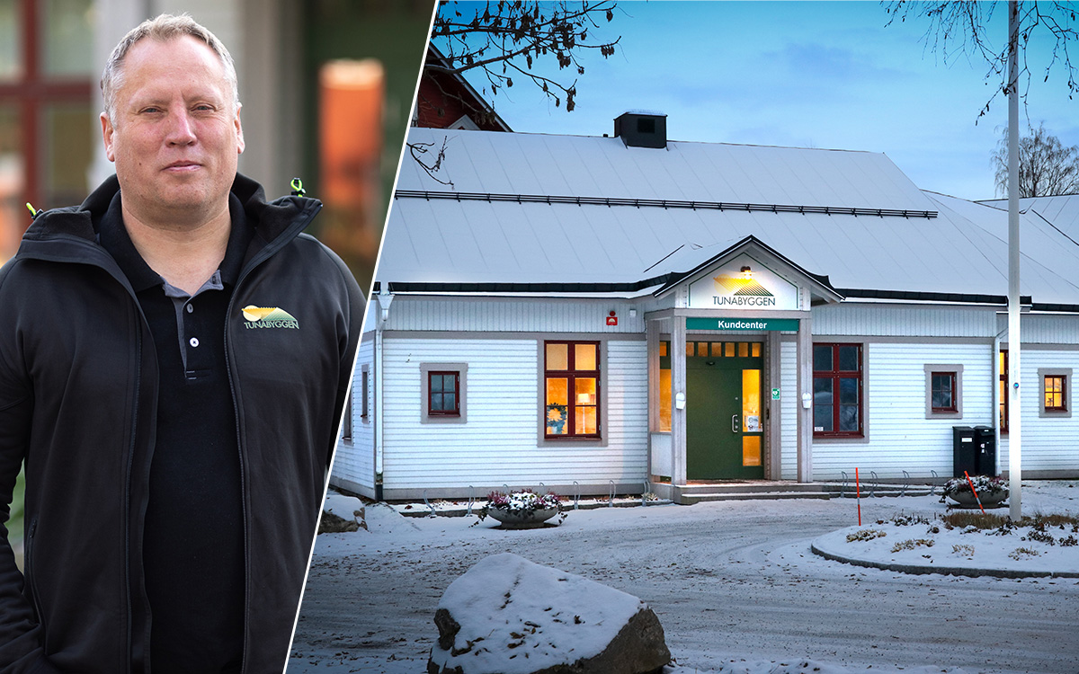 Jörgen Olsson är vd för Tunabyggen som i hög grad stämmer sina hyresgäster. Bilden är tvådelad, dels ser man Jörgen Olsson när han tittar in i kameran, dels ser man Tunabyggens kontorsbyggnad i Borlänge. En vintrig bild tagen i skymningen.