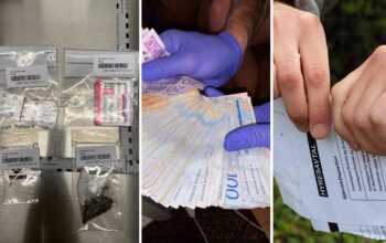 Ett kollage med bilder på droger i påsar, en sedelbunt med svenska pengar och två händer som river ett hyreskontrakt.