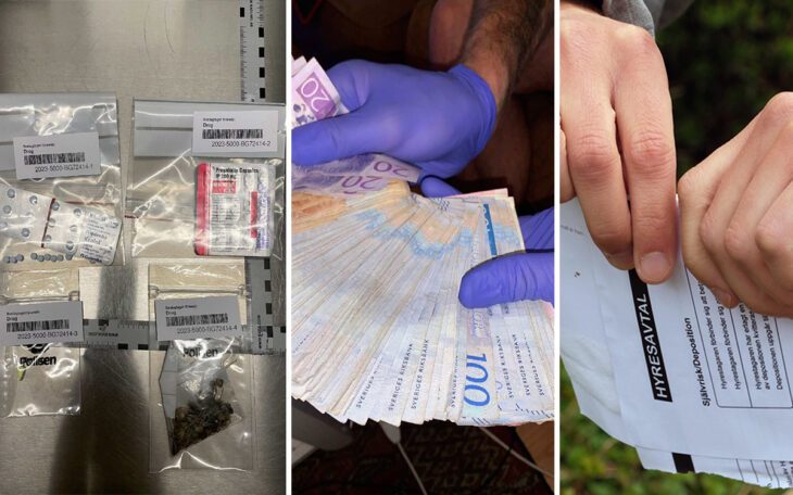 Ett kollage med bilder på droger i påsar, en sedelbunt med svenska pengar och två händer som river ett hyreskontrakt.