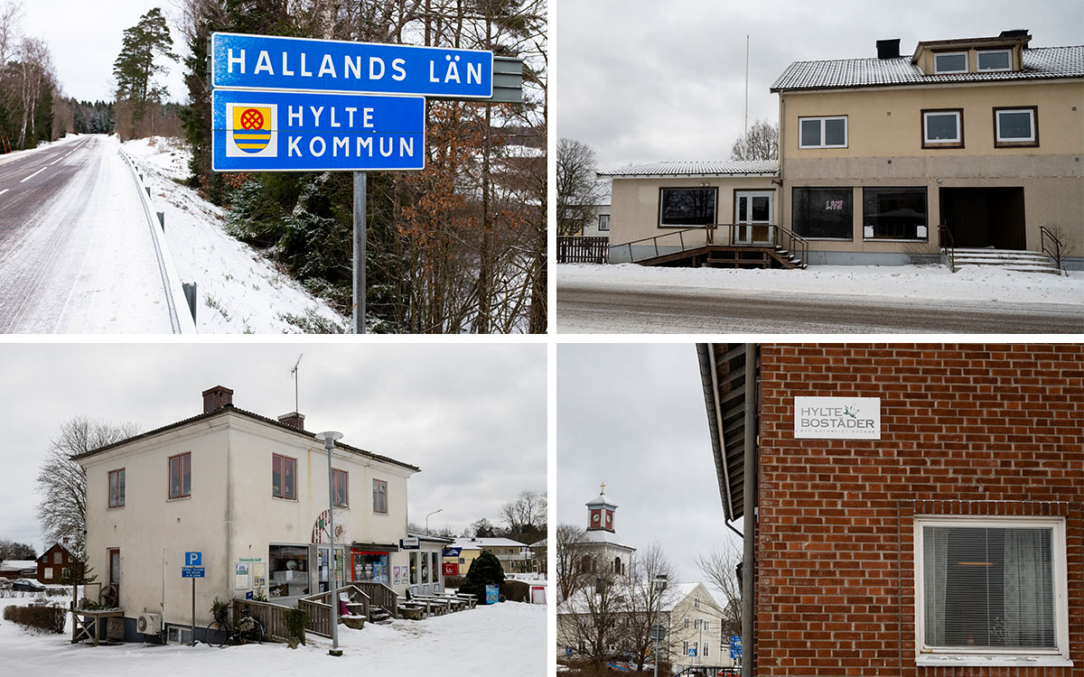 En fyrdelad bild som visar en vägskylt med text "Hallands län" och "Hylte kommun", en nedlagd livsmedelsaffär, ett kafé, en byggnad med en skylt med texten "Hyltebostäder".