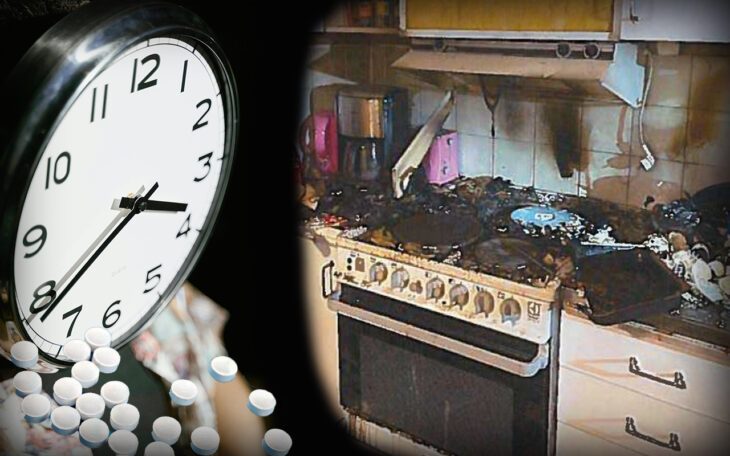Ett bildmontage av en utbränd köksdel, en klocka och tabletter.