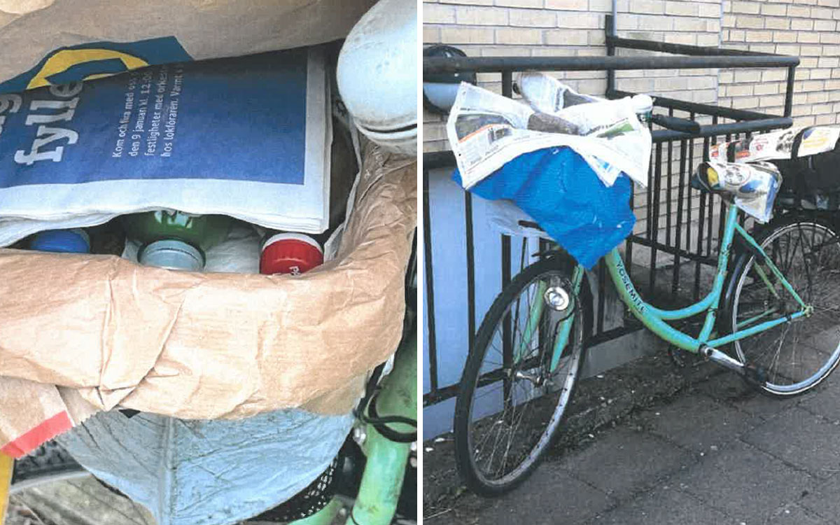 Här är hyresgästen packat in maten i tidningenpapper och förvarar den i cykelkorgar på sin cykel.