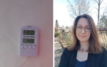 Bild på termometer som visar 14,9 grader, samt en bild på Ylva Eriksson från Folkhälsomyndigheten.