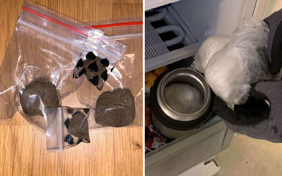 Bilden är ett montage. Två bilder visar narkotikafynd hos i hyresgästens lägenhet.