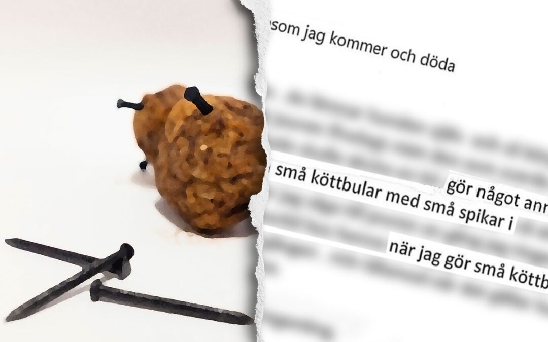 En tvådelad bild. Dels en illustration som visar spikar och köttbullar med instuckna spikar, dels ett faksimil från ett e-brev där text är suddad men viss text syns, "som jag kommer och döda", "gör något", "små köttbular med små spikar i".