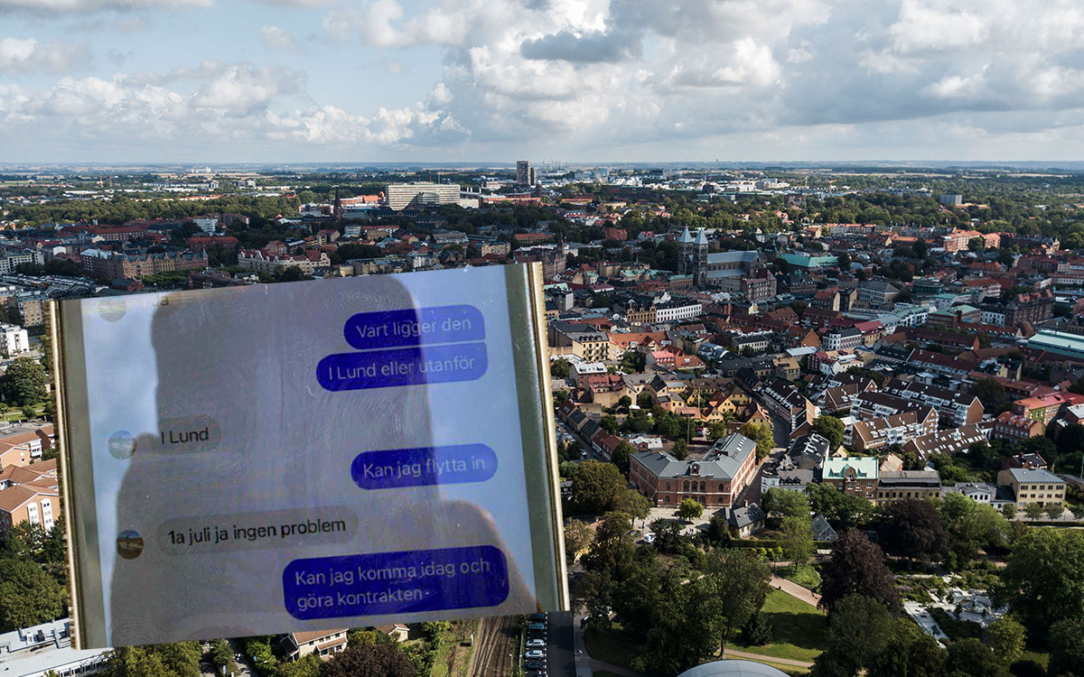 Bild på Lund samt en skärmavbild från en sms-konversation om lägenhetsuthyrning som var en del av ett bedrägeri.