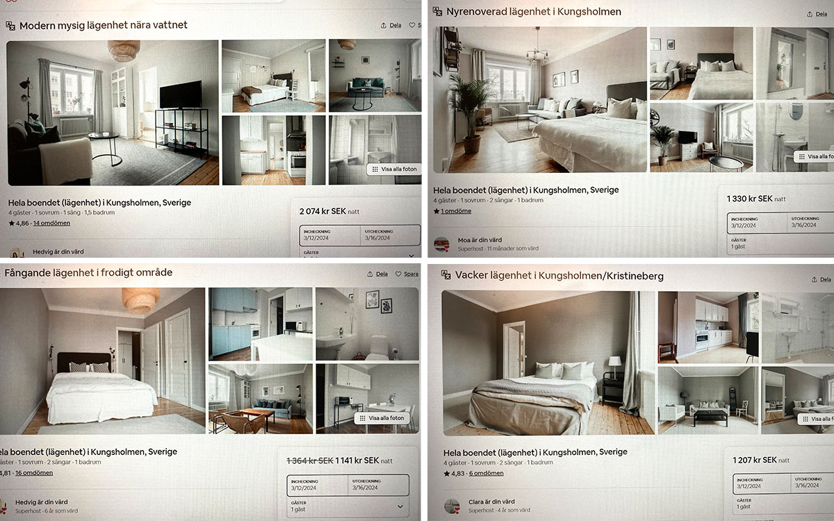 Under december 2023 och januari 2024 låg minst 24 lägenheter i Ramstedtsbolagens fastigheter ute på Airbnb, visar Hem & Hyras granskning. Lägenheterna på Bondesonsgatan 8 gick att boka samtidigt under samma dygn visar bilderna.