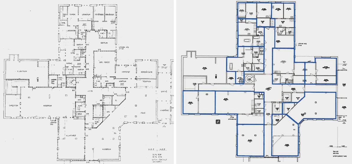 Ursprungsritningar visar att byggnaden haft stora lokaler som foajé, reception och rum för olika vårdmottagningar. Dokument som Ramstedtbolaget skickat in till hyresnämnden i augusti 2021 visar nya lägenheter på Cervins väg 13 markerade i blått (bild t h). 