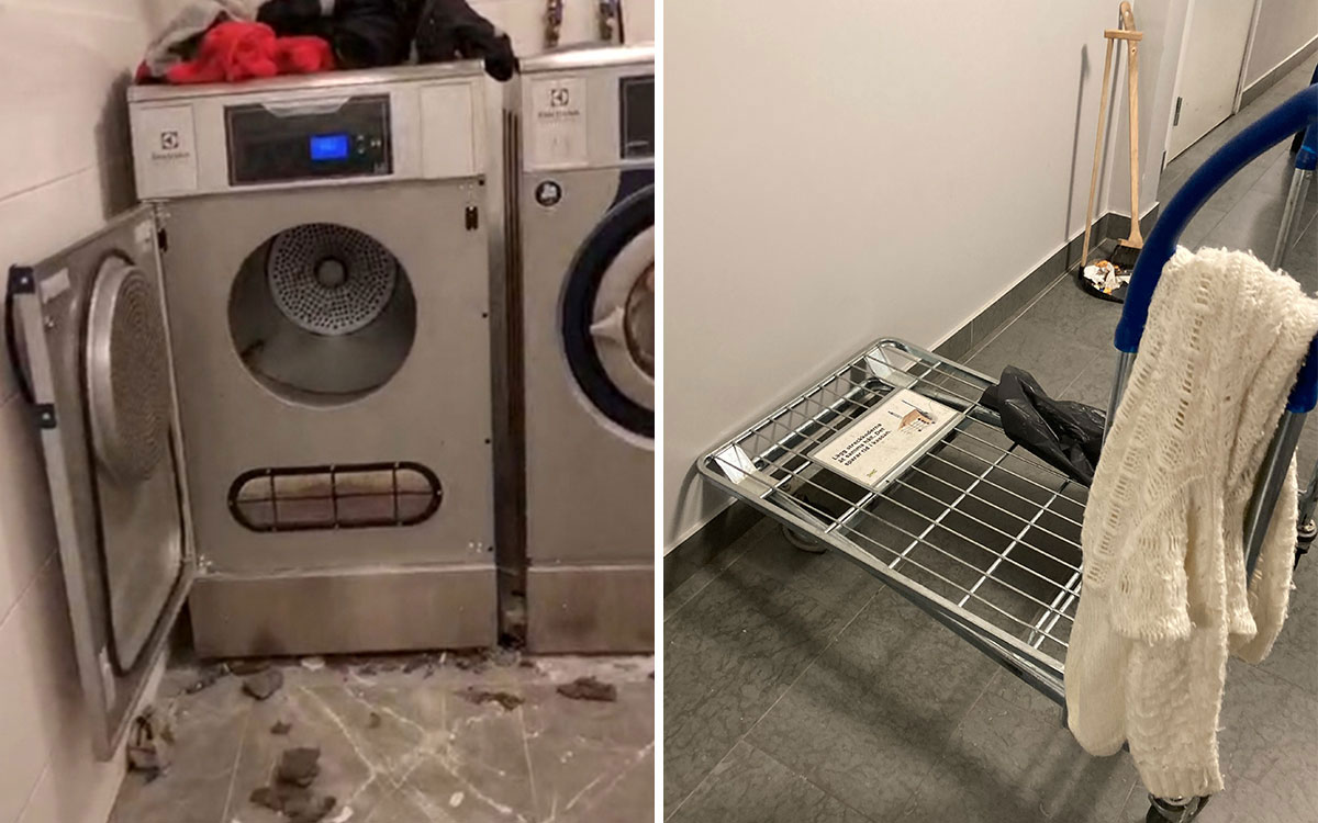 Smutsiga tvättstugor. En sopkvast och en lastvagn från Ikea är städerskans enda utrustning.