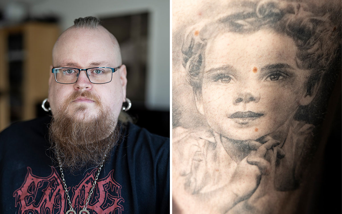 Kristoffer Persson i Svedala och hans tatuering som föreställer ett porträtt av hans mormor Ulla som barn. 