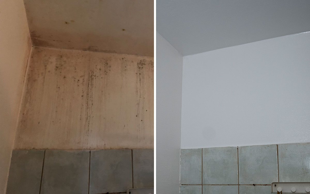 En tvådelad bild som visar samma badrum med kakel före och efter en ommålning.