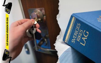 Tvådelad bild där det som syns är en hand som sätter nyckeln i ett lås på en lägenhetsdörr samt en lagbok.