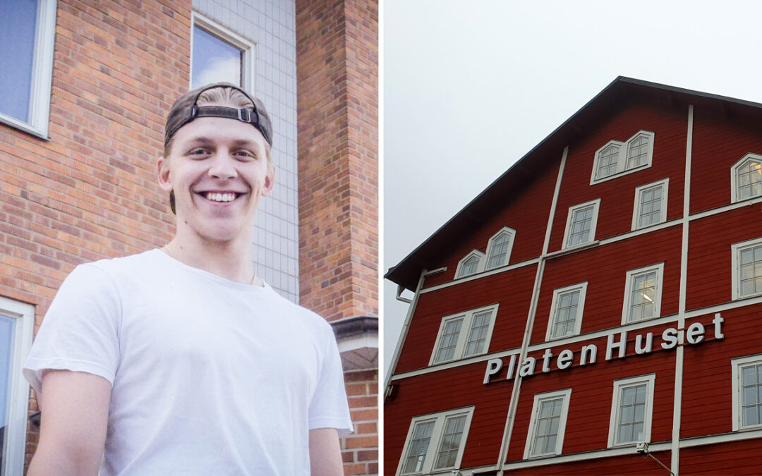 Bilden är ett montage av två bilder. Bilden visar Oliver Green, 19 år, och Platenhus.