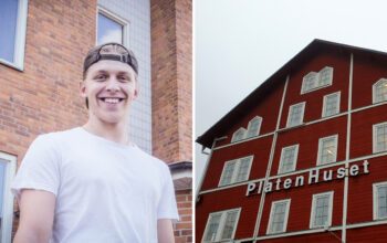 Bilden är ett montage av två bilder. Bilden visar Oliver Green, 19 år, och Platenhus.