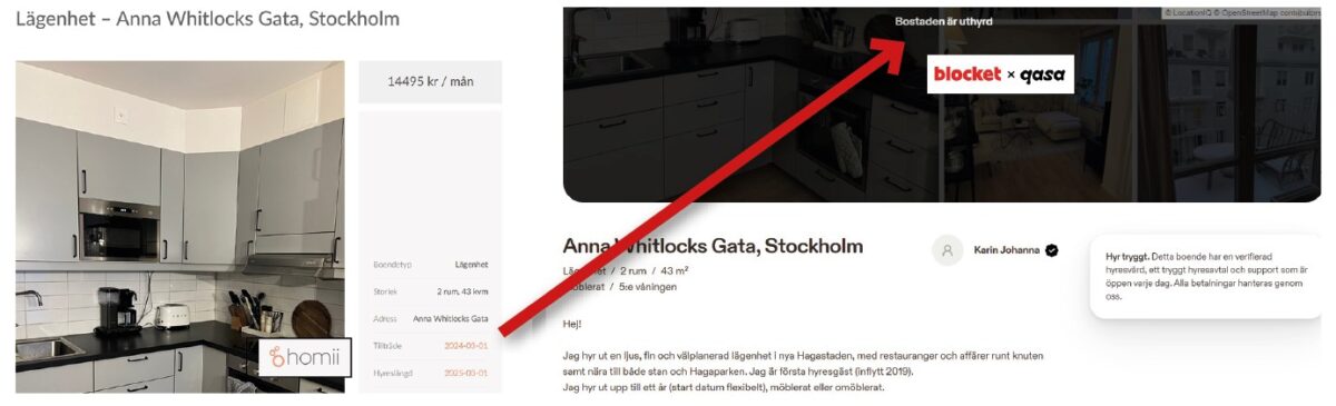 På homii.se hittar vi en tvårumslägenhet som verkar ledig. Men i själva verket är det en Blocket-annons för en lägenhet som redan är uthyrd.
