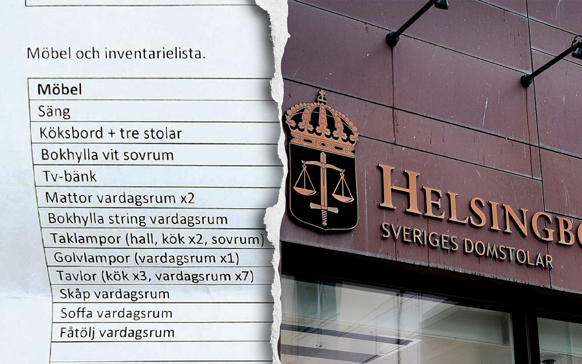 En tvådelad bild. En del visa ett dokument med titel "Möbel och inventarielista" och följande innehåll: Säng, köksbord + tre stolar, bokhylla vit sovrum, tv-bänk, mattor vardagsrum x2, bokhylla string vardagsrum, taklampor (hall, kökx2, sovrum), golvlampor (vardagsrum x1), Tavlor (kök x3, vardagsrum x7), skåp vardagsrum, soffa vardagsrum, fåtölj vardagsrum.