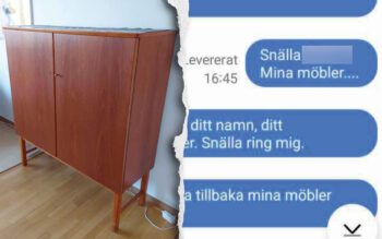 En tvådelad bild. Den ena halvan visa ett skåp, den andra utdrag av skickade sms med meddelande som "Snälla mina möbler", "Snälla ring mig" och "tillbaka mina möbler".