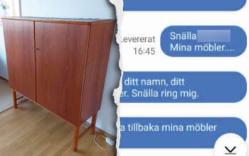 En tvådelad bild. Den ena halvan visa ett skåp, den andra utdrag av skickade sms med meddelande som "Snälla mina möbler", "Snälla ring mig" och "tillbaka mina möbler".