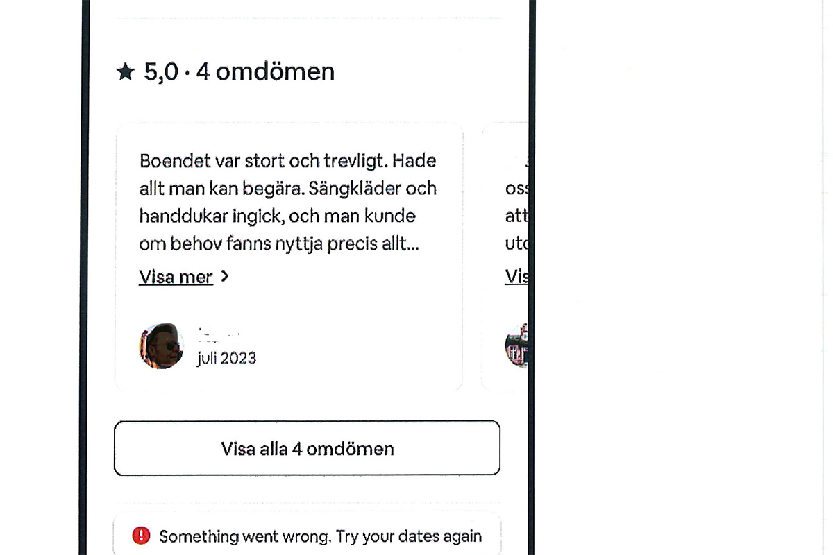 En bild på en skärmdump med en recension skriven på Airbnb.