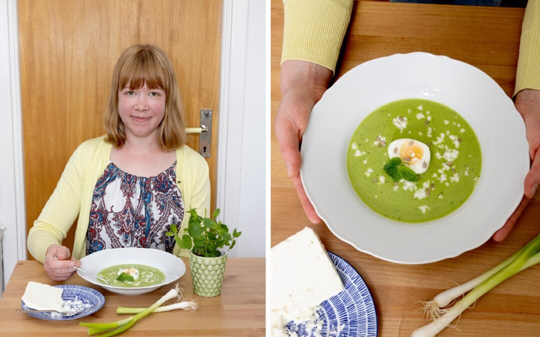 "Den är frisk och färgglad – en jättebra lunch", säger Josefine Andersson om sin gröna ärtsoppa.