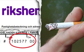 En delad bild där en del föreställer Rikshems logotyp, en del en betalningsavi med summan 102577 kronor, en del en hand som håller en tänd cigarett.