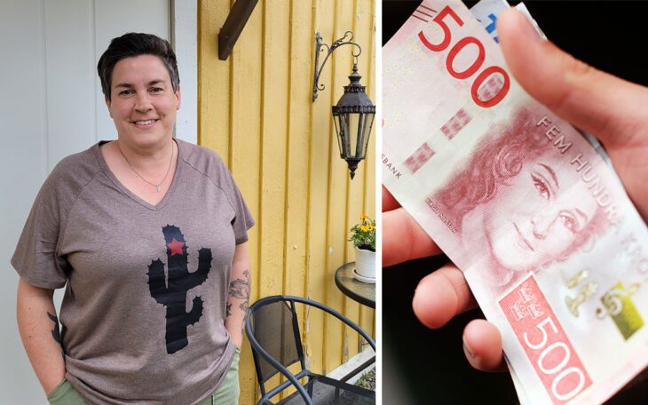 Malin Dahlberg till vänster och sedlar till höger.