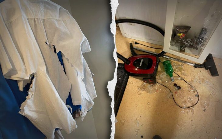 Två bilder där den ena är på en trasig, sönderklippt, vit skjorta. Den andra är ett fotografi på ett sönderslaget glasskåp med skärvor på golvet.