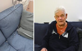 Fönstret rasade in över Björn-Arne. Bild på glassplitter i soffan och en bild på Björn-Arne.
