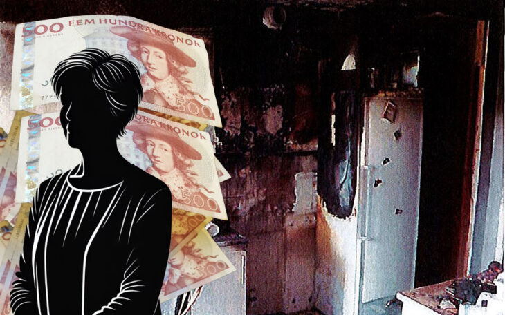 Ett montage med en bild från ett brandskadat kök, sedlar och en silhuett av en kvinna i övre medelåldern.