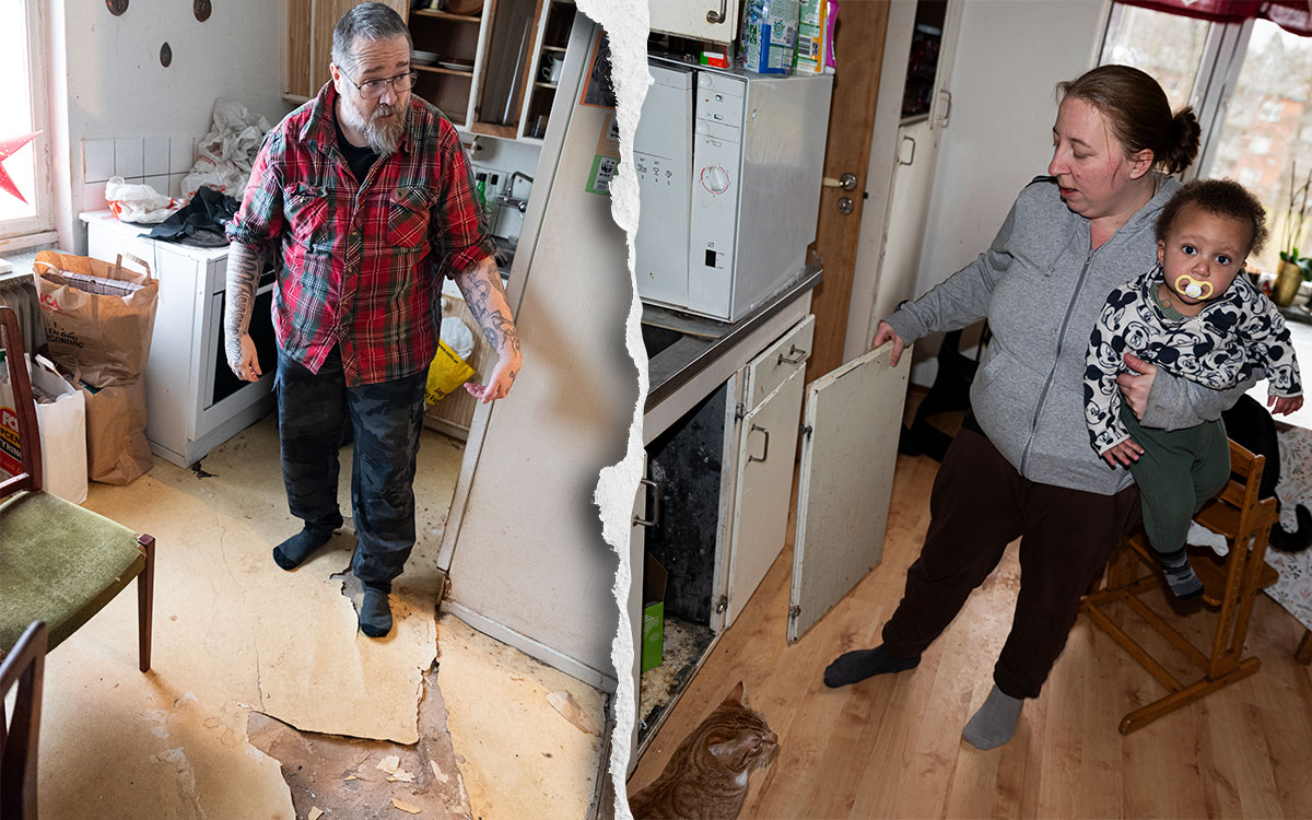 En tvådelad bild: En man i rutig skjorta, glasögon, näsring, skägg och tatueringar som står i ett kök där golvmattan är totalförstörd. En ung kvinna som står i ett kök och håller ett litet barn med napp i famnen samtidigt som hon håller i en lös kökslucka.