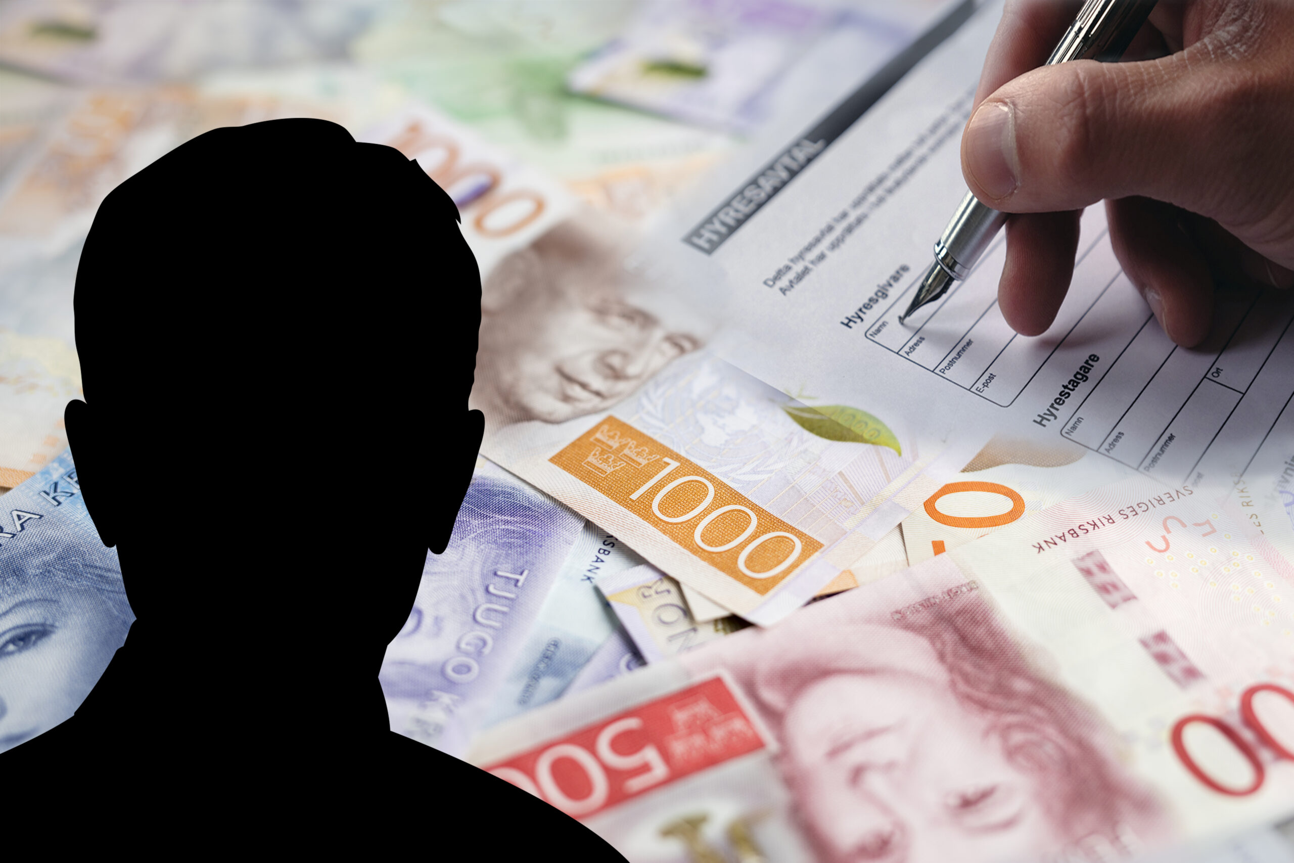 siluetten av en man, pengar och en hand som håller en penna i begrepp att skriva i ett kontrakt