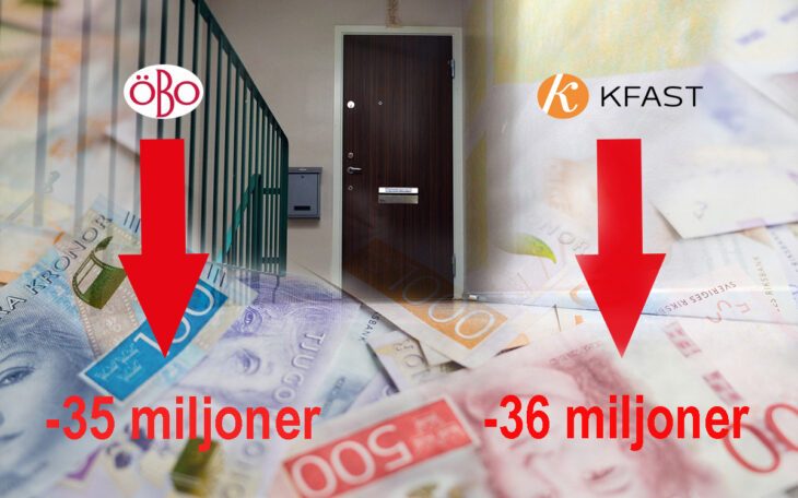 Bildcollage med två nedåtgående pilar som pekar på minussiffror - 35 miljoner respektive 36 miljoner kronor. Grundbilden är tagen i en trappuppgång. På bilden syns också sedlar som är inkopierade