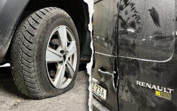 Punkterat däck och uppbruten skåpsdörr på en av Vallonbygdens bilar.