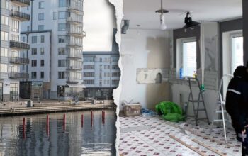 En tvådelad bild som visar vita bostadshus i flera våningar vid vattnet vid en kaj, samt ett utrivet kök i en lägenhet.