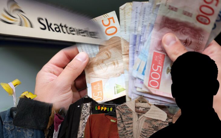 Bildkollage av händer som håller pengar, en skylt där det står Skatteverket, en siluett och ett loppisbord.